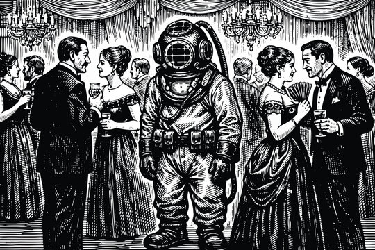 Vintage Engraving Illustration of a Deep-Sea Diver Standing Awkwardly at a Formal Ballroom Party, Symbolizing Social Anxiety, Isolation, and Feeling Out of Place in a Crowded Social Setting.