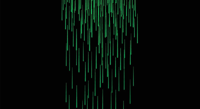 Abstract green digital rain falling vertically against a solid black background, featuring various lengths of glowing rounded lines cascading downwards in a minimalist tech pattern