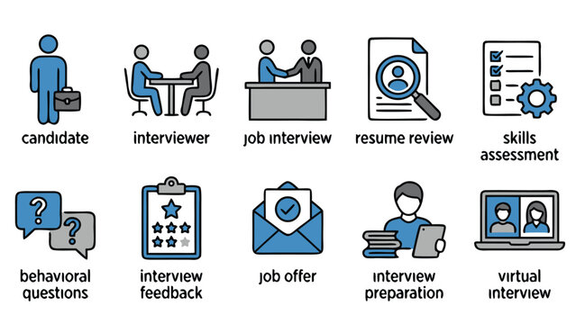 Professional Set of 10 Job Interview Vector Icons Featuring Candidate, Interviewer, Resume Review, Skills Assessment, Behavioral Questions, Feedback, Job Offer, Preparation, and Virtual Interview.