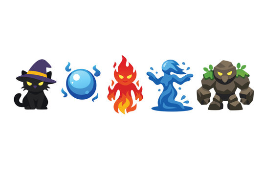 Mythical Creatures Solid Icon Set of Magical Beings Including Wizard Familiar Black Cat, Spirit Orb, Fire Elemental, Water Being, and Earth Golem Rock Monster for Game Design and Fantasy Apps.
