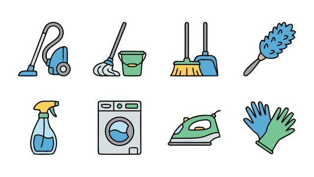 Comprehensive set of 8 colorful cleaning and housekeeping vector icons including a vacuum cleaner, mop and bucket, broom and dustpan, feather duster, spray bottle, washing machine, iron, and gloves.