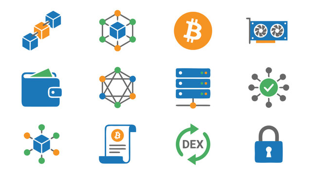 Flat Vector Icon Set for Blockchain Technology and Cryptocurrency Concepts Featuring Bitcoin, Digital Wallet, Mining GPU, Decentralized Network, Smart Contract, DEX, and Security Padlock Icons