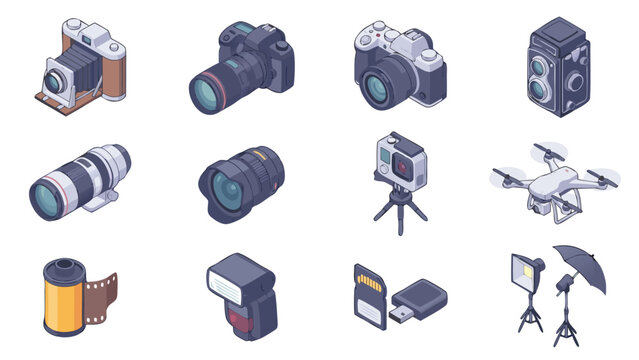 Isometric Photography Icon Set with Vintage and Modern Cameras, DSLR, Mirrorless, Telephoto Lenses, Action Cam, Drone, Film Roll, Flash, SD Card, and Studio Lighting Vector Illustration