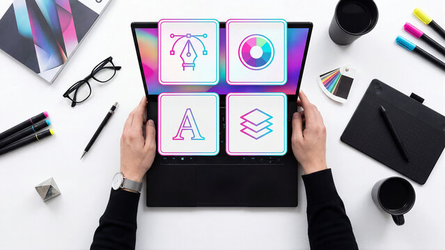 Creating Visual Identities and Brand Designs with Creative Software Laptop Concept Glass App Cards Icons Pen Tool Color Wheel Typography Layers Design Studio White Flat Lay Desk
