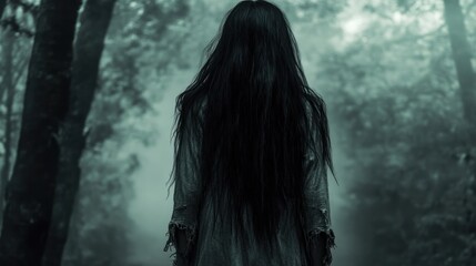 Fototapeta premium Woman walking in mysterious forest cinematic shot