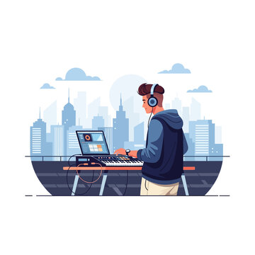 Young dj mixing music with laptop and midi controller overlooking cityscape