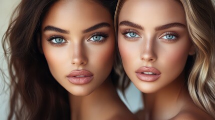 Fototapeta premium Two young women with natural makeup looking at camera in close-up portrait with soft lighting