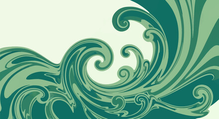 Fototapeta premium Abstract vector illustration of green swirling waves and organic curved shapes in teal and mint tones on a light background featuring stylized fluid motion and graphic scrolls.