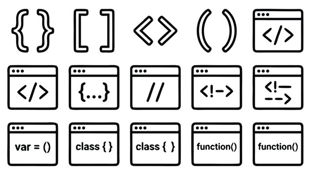 Comprehensive Vector Icon Set of Coding and Web Development Brackets and Syntax Symbols in Minimalist Outline Style. Includes Braces, Tags, Functions, and Classes for Software Engineering.