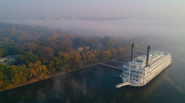 Aerial View of Vintage Steamboat Moored on Foggy Autumn River, Riverside with Colorful Foliage and Residential Homes, Misty Morning Waterfront Scene with Distant City Skyline