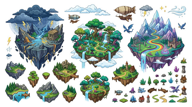 Fantasy floating islands game assets, isometric pixel art world map elements, magical sky kingdom vector set for RPG level design and UI