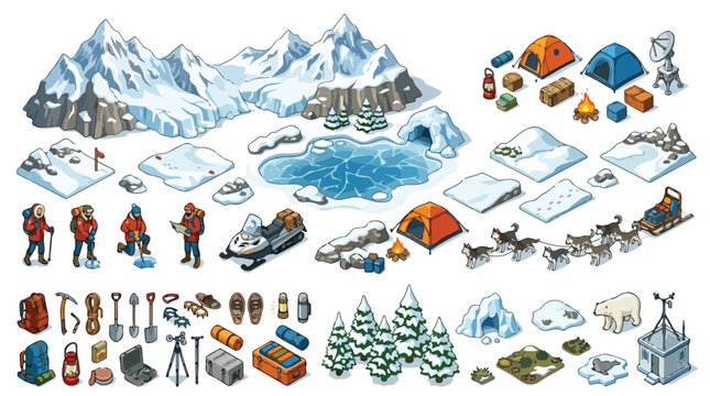 Isometric arctic expedition vector set, winter mountain camping and survival equipment, polar explorers with sled dogs and snowmobile