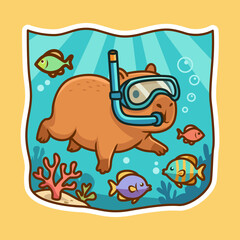 Naklejka premium Capybara Snorkeling Underwater Illustration