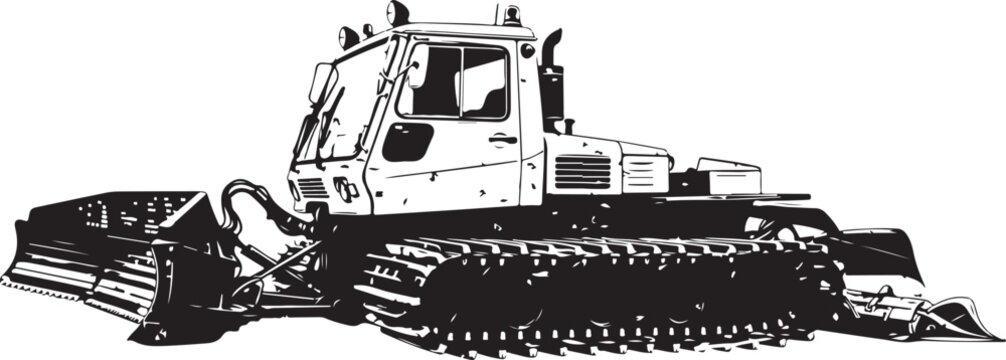 Detailed industrial black and white vector illustration of a snow groomer tractor machinery vehicle showing dynamic perspective isolated on plain white background