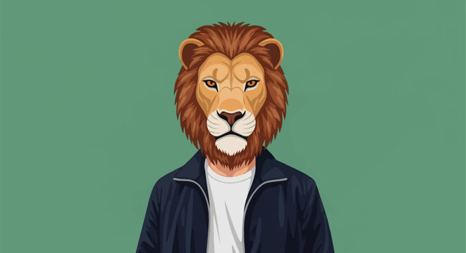 Vector illustration of an anthropomorphic male character with a realistic lion head wearing a white t-shirt and dark blue bomber jacket, isolated on a solid green background.