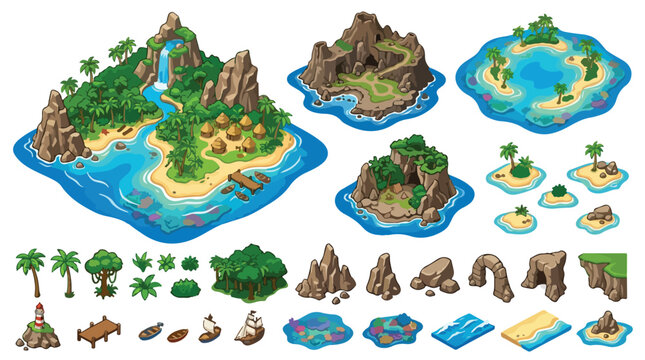 Isometric tropical island game assets, cartoon archipelago map elements with palm trees and volcanoes, mobile game level design vector set
