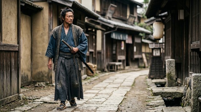 Samurai Warrior Walking Through Ancient Japanese Village
