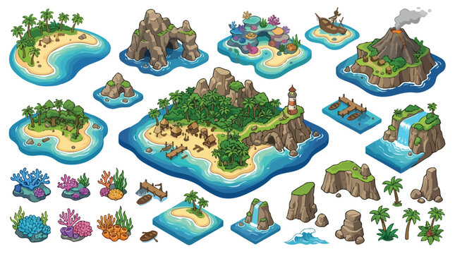 Isometric tropical island game assets, cartoon pirate map elements with volcano and lighthouse, 25 vector icons for mobile gaming and web design