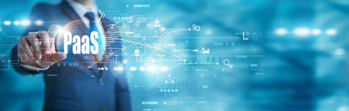 Web developer coding console touch in hand PaaS frameworks. Scalable network environments allow for rapid application building and deployment without managing complex hardware.