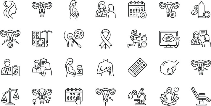 Women health icons for pregnancy gynecology reproductive health and medical checkups.