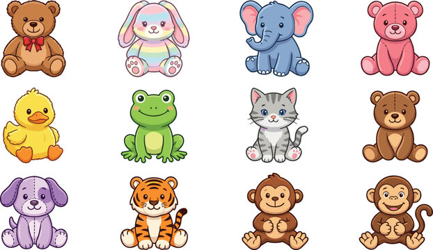 Cute Cartoon Animal Set with Bear Bunny Elephant Duck Frog Cat Dog Tiger and Monkey Stuffed Toy Vector Illustration