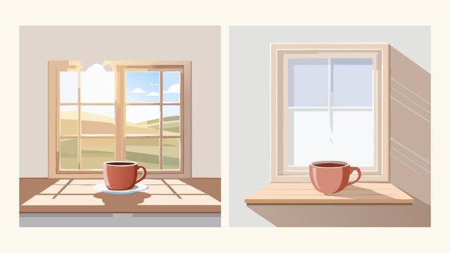 Illustrative comparison of two distinct window views a radiant sunlit morning with a comforting warm beverage and a serene, quiet winter day