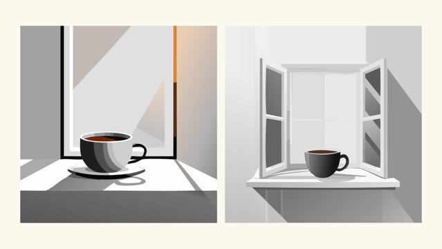 Warm minimalist scenes with coffee cups by windows and framed art, depicting tranquil morning rituals and serene desert views with abstract sunlight