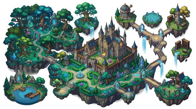 Fantasy floating island map with medieval castle and magical forest, isometric game level design vector, enchanted kingdom with waterfalls