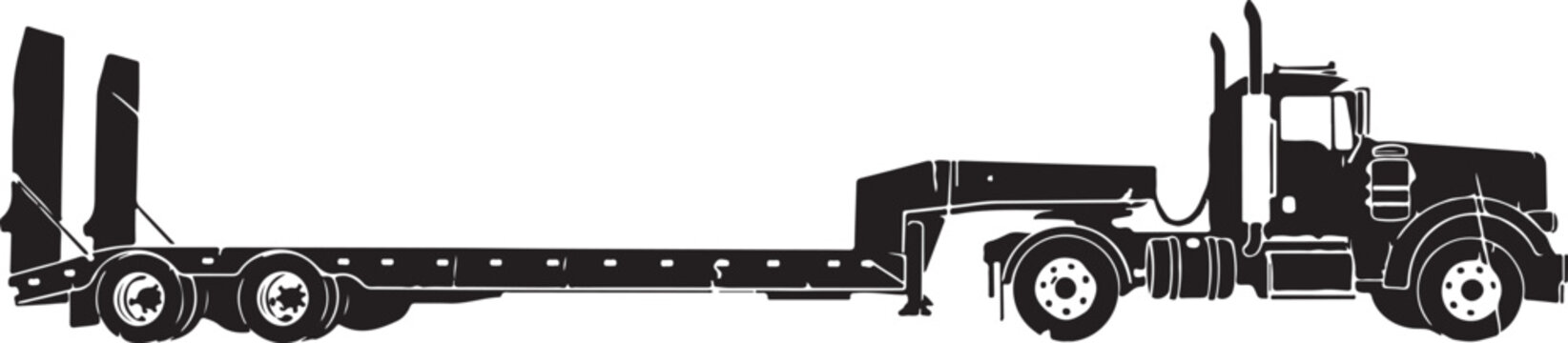 Detailed black and white vector illustration of a commercial semi truck pulling an empty lowboy flatbed trailer presented as a clean side profile graphic icon