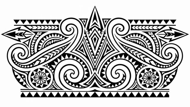 Polynesian tattoo wave pattern in tribal style, bold and sacred energy, symmetrical ocean curlicues with geometric tiki motifs against black and white background

