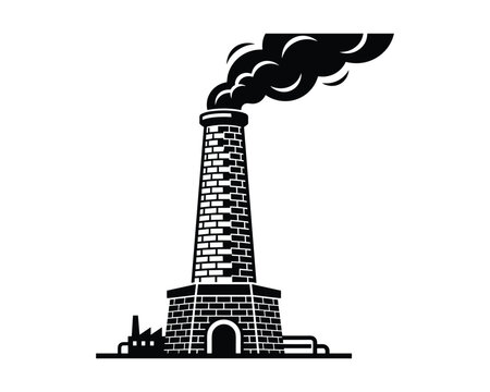 Industrial chimney with smoke coming out, factory symbol, vintage brick building silhouette.