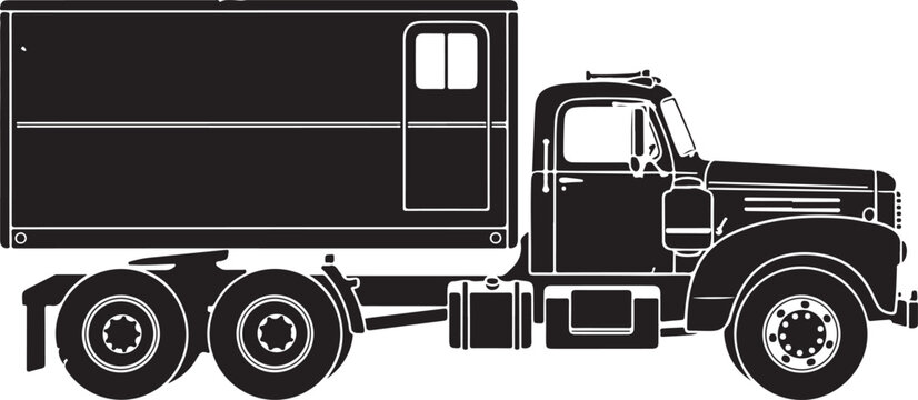 Black and white vector silhouette of an old vintage semi truck tractor with a sleeper cab compartment for long haul commercial cargo transportation side view