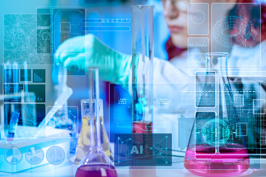 AI, artificial intelligence. Young lab assistant working in modern chemical laboratory with chemical glassware, virtual scientific HUD interface. Data visualization and future laboratory technologies.