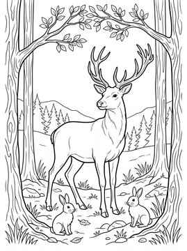 Graceful male deer with majestic antlers stands in a tranquil forest, accompanied by two adorable rabbits, perfect for a relaxing coloring page activity