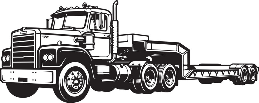 Black and white vector illustration of an old semi truck commercial cargo tractor with a lowboy flatbed trailer for heavy industrial transport haulage shipping