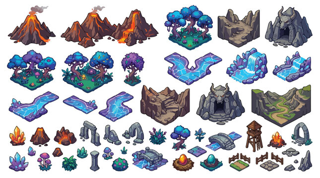 Isometric pixel art game assets, fantasy world map builder set with volcanoes and magic forests, 2D game environment design elements