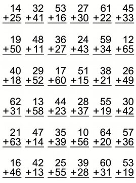 Clear educational mathematics worksheet presenting numerous two-digit addition problems, an excellent resource for students to practice and reinforce fundamental arithmetic skills efficiently