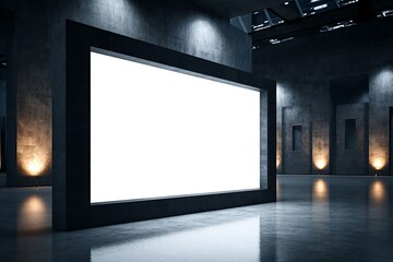 Fototapeta premium Modern exhibition hall interior with empty white poster and reflections on concrete flooring. Mock up, 3D Rendering
