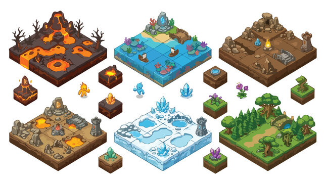 Isometric game map tileset, pixel art fantasy biomes with volcano ice and forest environments, 2D mobile game level design assets