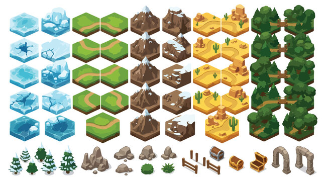 Isometric game map tiles, 50 landscape hex elements for world building, fantasy strategy game assets including mountains, forests, and desert