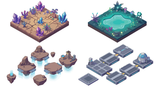 Isometric game environment tileset, fantasy crystal desert and sci-fi space station platforms, 4 vector map levels for mobile gaming UI