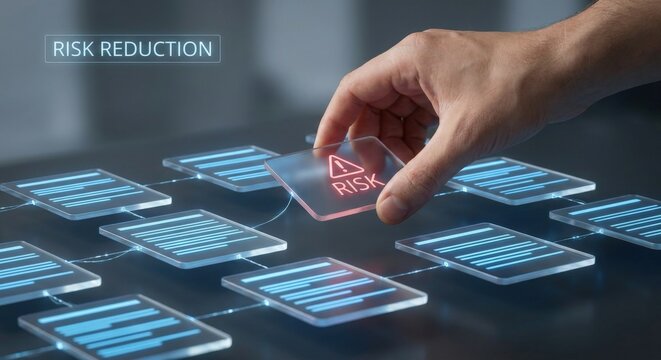 Portfolio Rationalization - Hand removes risky cards while stable ones stay connected, illustrating risk reduction in a clean, minimal user interface.