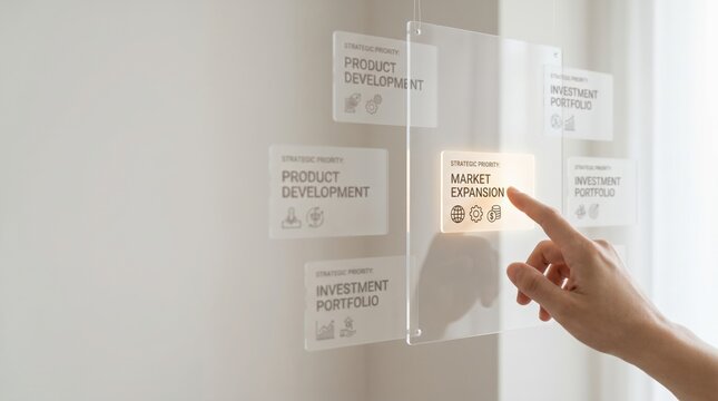 Portfolio Rationalization - A hand selects a glowing priority card on a minimal user interface, with other options fading into the background for a clean, focused effect.