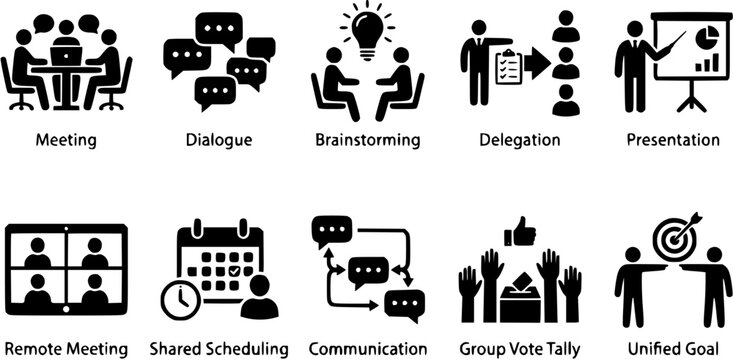 Set of ten black business and team management icons featuring meeting, brainstorming, presentation, remote work, and communication concepts.