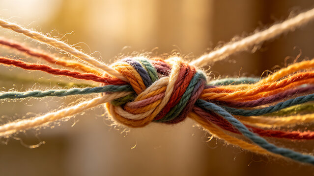 untangled. Close-up of colorful yarn being untangled from a complex knot. event key visuals, club posters, designed for sports event promotions and stadium branding, used by event planners.