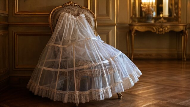 petticoat. A petticoat is draped over an ornate chair in a softly lit ballroom corner. lifestyle magazines, social media lookbooks, designed for lifestyle magazines and social media content.