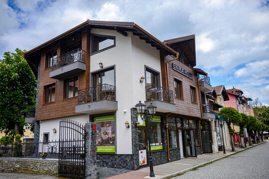 Tryavna, Bulgaria - 10 MAY 2026: Residential buildings in the city of Tryavna, Bulgaria photographed on a cloudy day