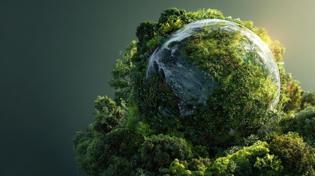 CarbonNeutral transparent planet amid flourishing greenery communicating clean energy transition and sustainable living copy space green revolution theme realistic silhouette woodland sunrise backdrop