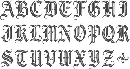 Gothic uppercase abcdefghijklmnopqrstuvwxyz alphabet letters on transparent background, old european medieval font style, vintage decorative elements. © Sadhin