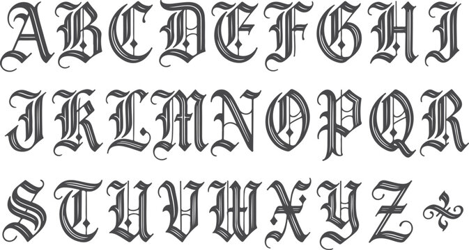 Gothic uppercase abcdefghijklmnopqrstuvwxyz alphabet letters on transparent background, old european medieval font style, vintage decorative elements.